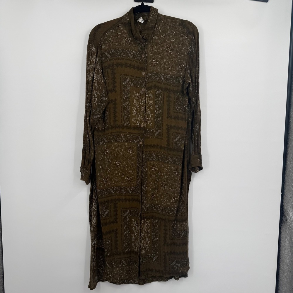 Ivy Jane Patchwork Bandana Paisley Print Shirt‎ Dress Olive Brown S/M Boho Art